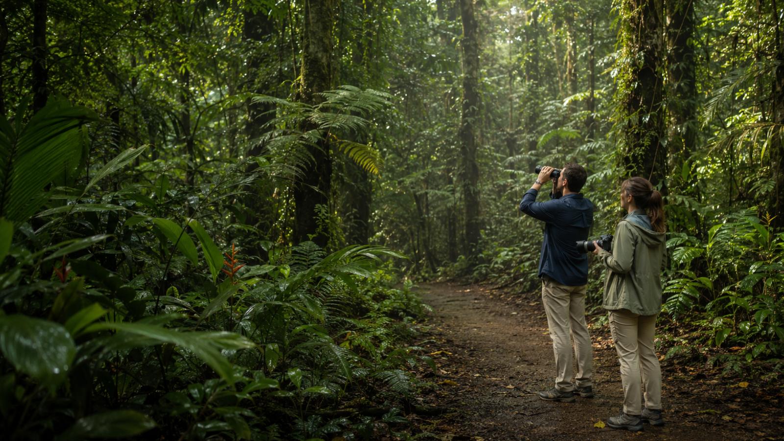 Couple birdwatching with binoculars and a camera on a tropical forest trail near La Fortuna.