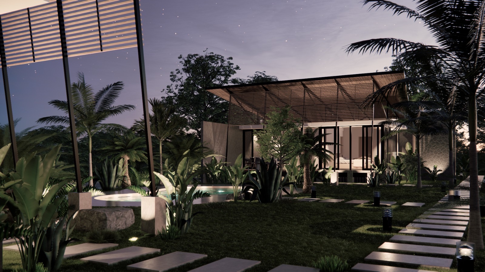 Concept rendering of Ave de Fuego at twilight — pool, tropical landscaping, and warm interior light under a starry sky