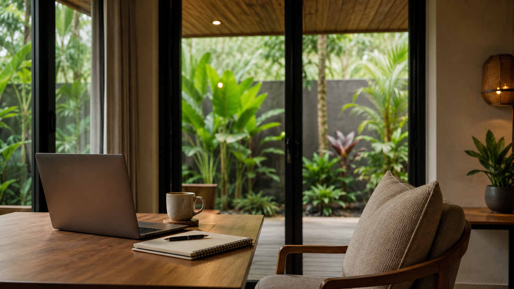 Quiet remote-work setup with a laptop, wooden table, and tropical greenery in La Fortuna.